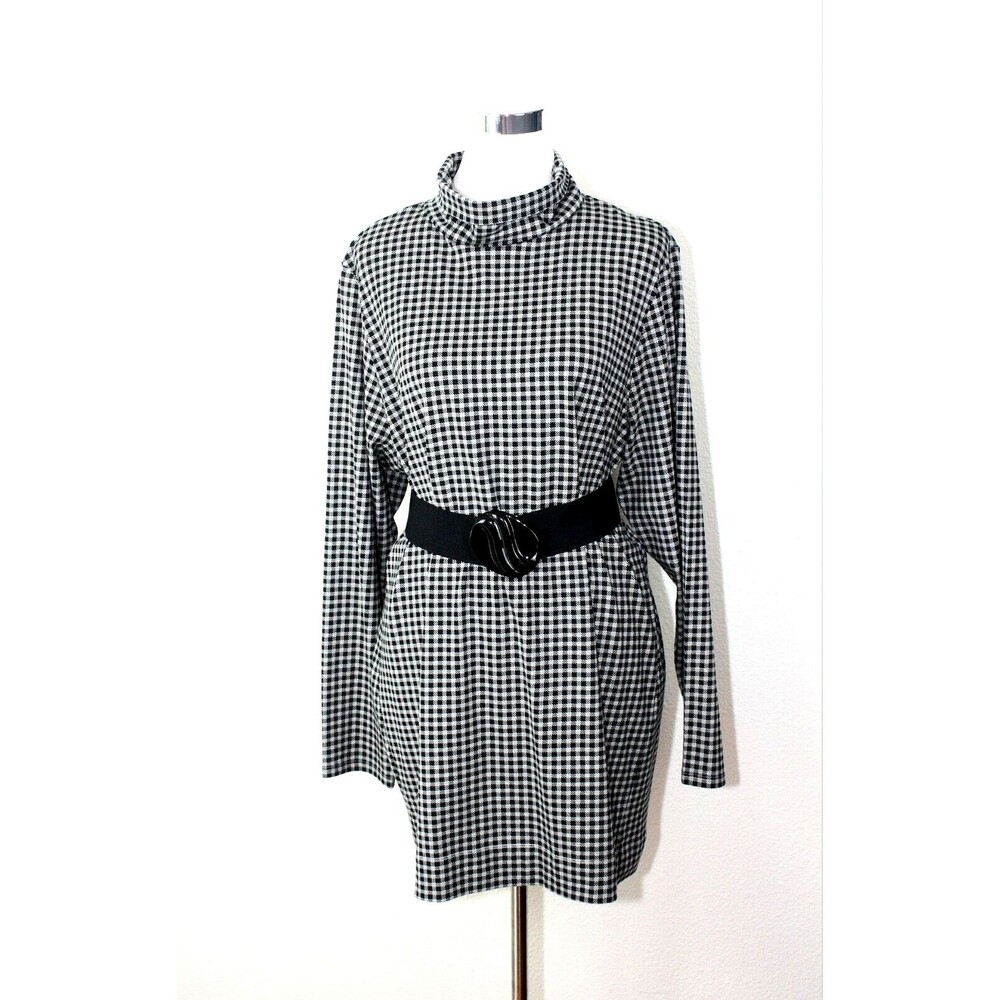 Lagenlook J JILL Knit Long Tunic Top Mini Dress Sz XL Black Light Gray Plaid #03
